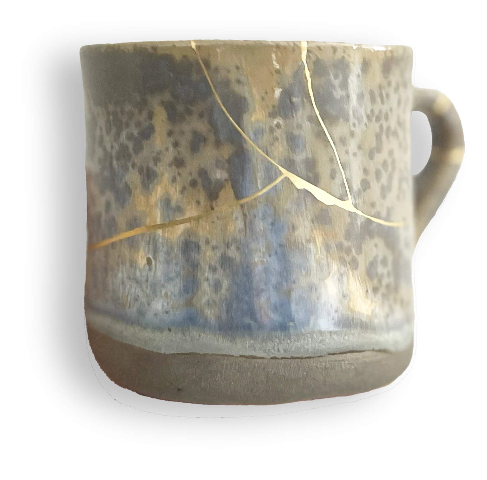 A speckled blue-and-gold stoneware mug with a gold repair seam.