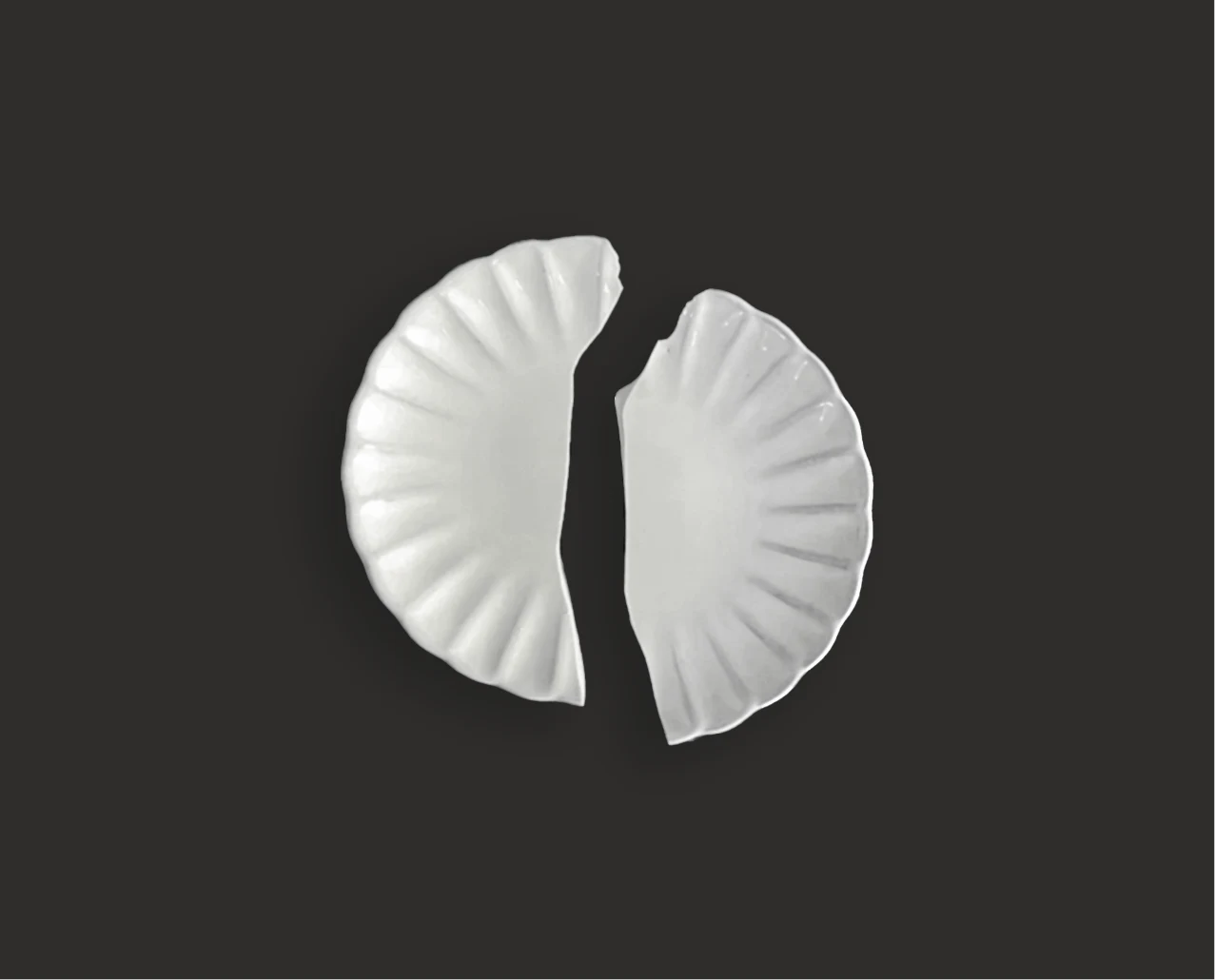 A grey ceramic dish broken cleanly into two halves.